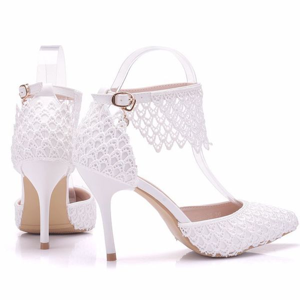 

new spring elegant pointed toe shoes for women white cur-outs lace high heel wedding shoes thick heels beautiful plus size shoes, Black