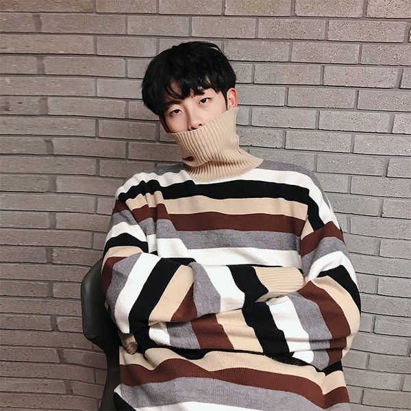

high collar sweater men warm fashion striped casual loose knit pullover man autumn winter new streetwear male clothes -xl, White;black