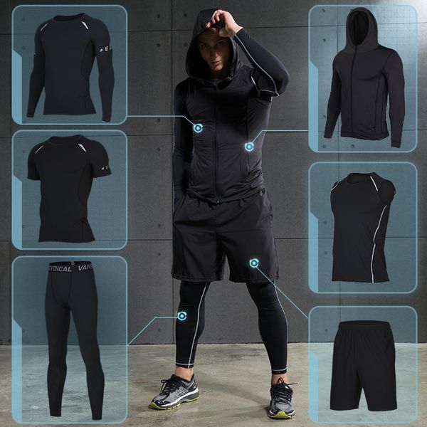 

men's compression sportswear suits gym tights training clothes workout jogging sports set running tracksuit dry fit plus size, Black;blue