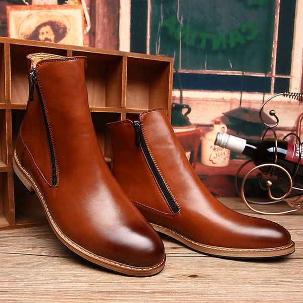 

2018 autumn winter fashion men boots vintage style real leather casual men shoes pointed toe zipper warm ankle boots, Black