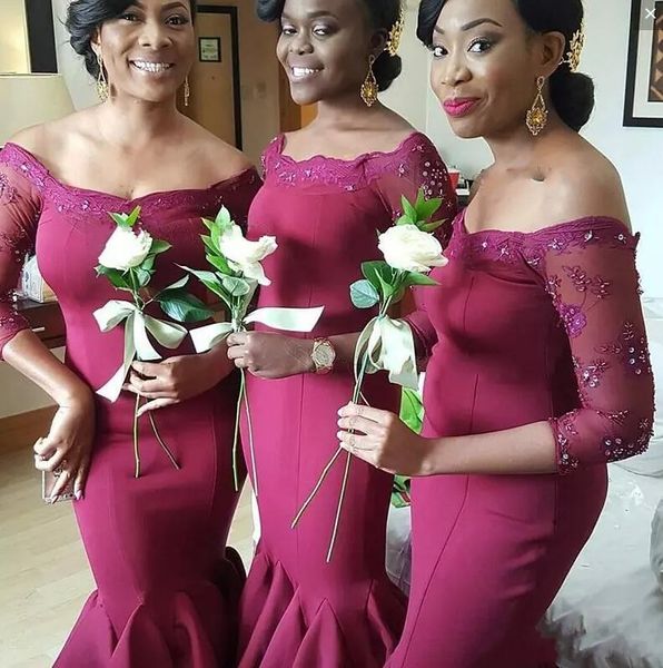 

mermaid bridesmaid dresses african off the shoulder maid of honor dress 3/4 long sleeves lace beads plus size wedding guest dress, White;pink