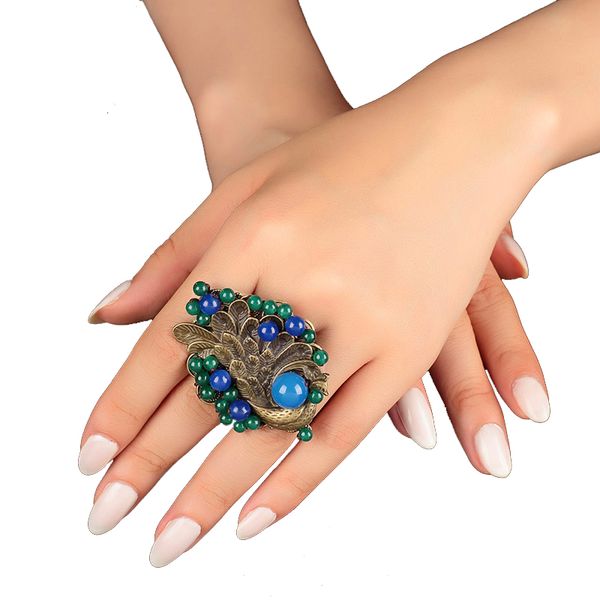 

new vintage wedding gift large ring for women blue female big peacock decoration stone charms jewelry statement rings female, Golden;silver