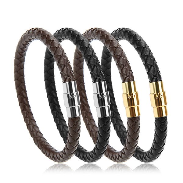 

2018 handmade 3/6mm 100% genuine braided leather bracelet mens brown black red stainless steel magnet clasp bracelets for women, Golden;silver