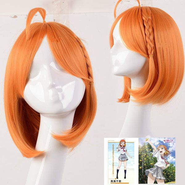 

anime lovelive sunshine takami chika orange short synthetic bob curly hair side bang fiber heat resistant wig, Black