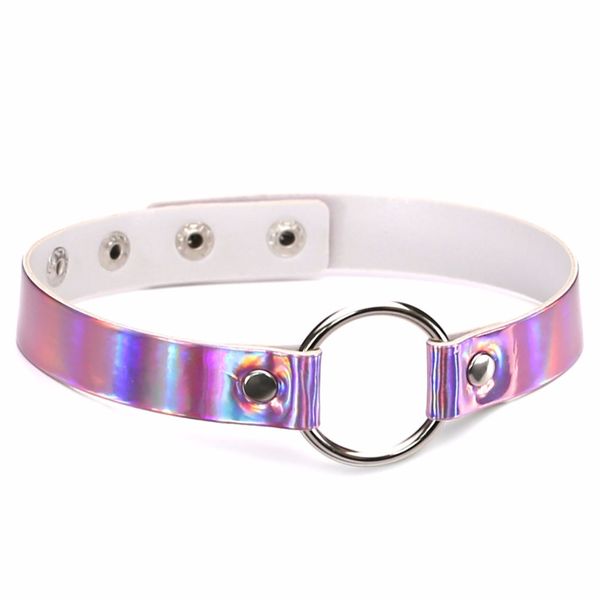 

trendy holographic choker pu leather chocker handmade metal laser chocker rainbow punk gothic necklace, Golden;silver