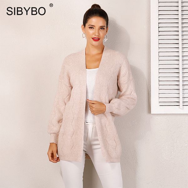 

sibybo latern sleeve wave knitted cardigan 2018 autumn winter medium-long sweater women solid color casual coat female outerwear, White;black