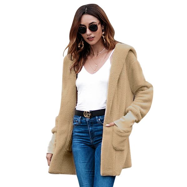 

2018 the long coat with hat in autumn and winter v-neck open stitch streetwear velvet coat women tweed jacket 90s fashion, Black;brown