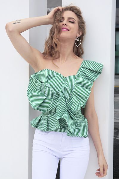 

2018 блузка на одно плечо женская топы летняя нерегулярная рубашка в полоску блузка сорочка femme элегантные рюши на молнии, White