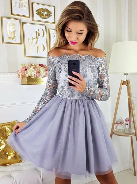 

2019 new off shoulders sheer long sleeves short homecoming dresses organza skirt a line short cocktail party dress ba9972, Blue;pink