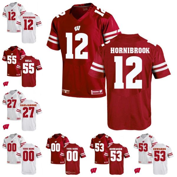 

custom ncaa wisconsin badgers 12 alex hornibrook 67 jon dietzen 81 troy fumagalli 53 tj edwards 27 gaglianone college football jersey stitch, Black;red