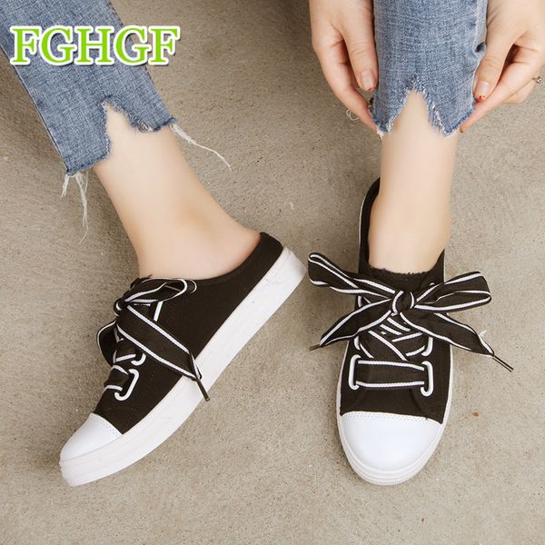 

canvas half slippers sneakers 2018 female casual shoes korea summer autumn woman vulcanize sneakers breathable, Black