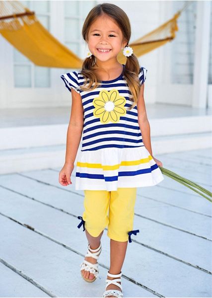 Nova moda verão da criança do bebê crianças roupas meninas marguerite listrado top flor T-shirt + calças outfits 2 pçs / set apto para as crianças 2-8 T