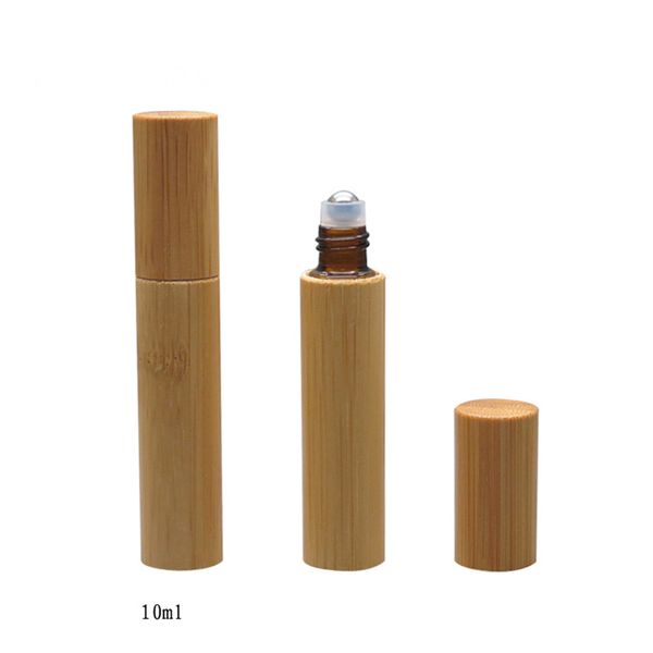 

10ml travel brown glass essential oil roll on bottle bamboo shell glass/steel roller ball eye cream removing vial f3447