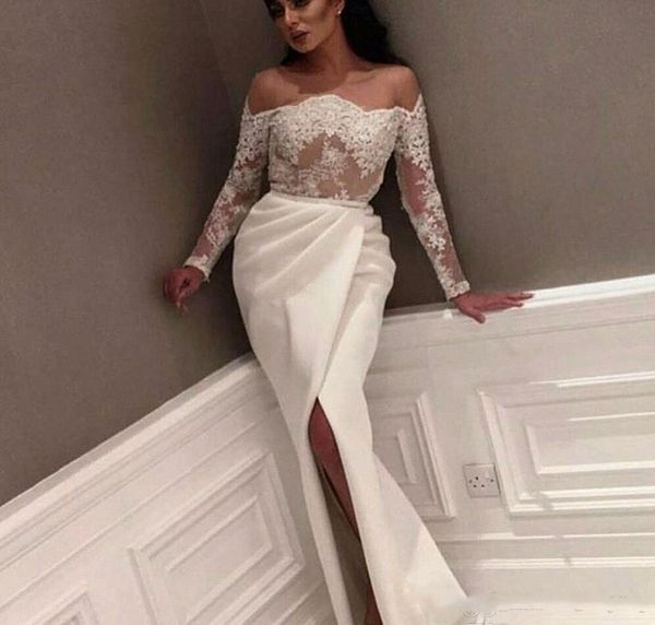 

2019 sheath arabic split evening dresses off-shoulder long sleeves formal holiday wear prom party gown custom made plus size, Black