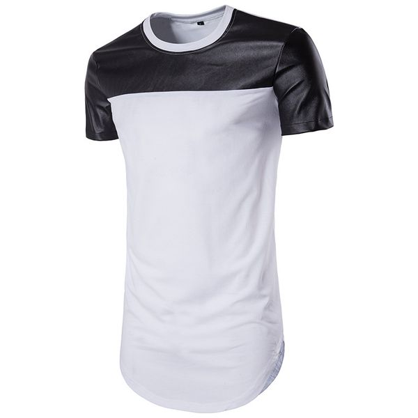 

hip-hop summer new men's round neck short-sleeved high-street arc hem solid color spell leather t-shirt personality stitching comfortab, White;black