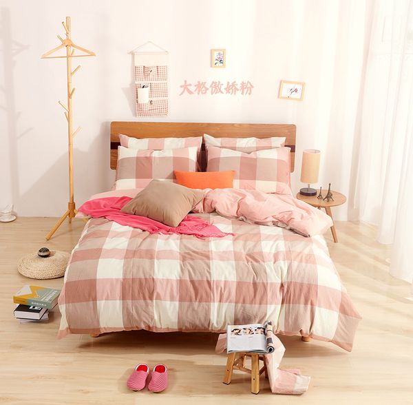 

100% cotton checks duvet cover set soft home bedding set bed sheet pillowcases 4pcs twin  king plaid pink blue green fml02