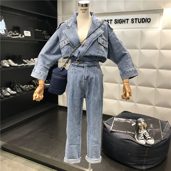 

2018 new autumn women's retro long sleeve denim jumpsuit rompers student female loose bf wind jeans pants casual overalls, Black;white