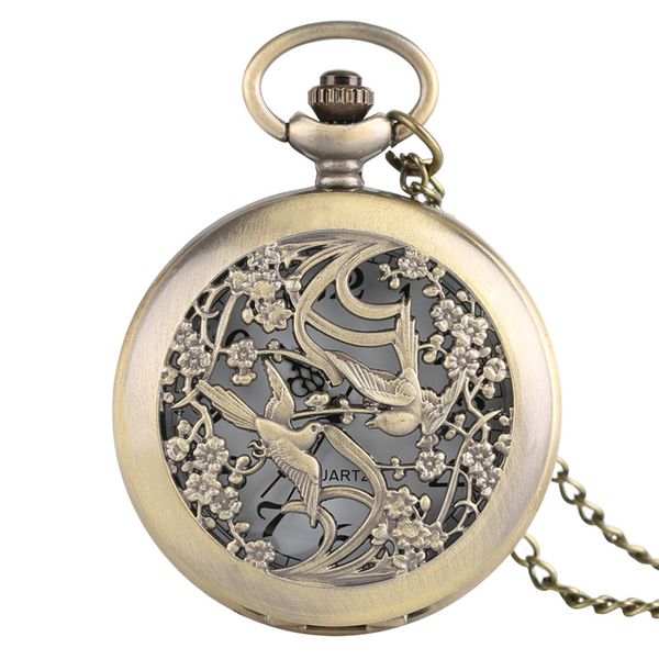 

2018 bronze classic hollow magpie quarzt pocket watch for men women vintage with chain new arrival gift for male female, Slivery;golden