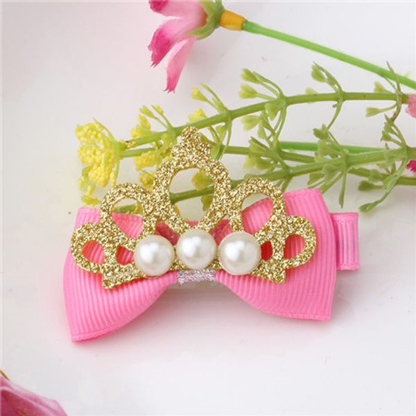 

stylish headwear hairpins children accessories hair pin shiny crown with pearl barrettes baby girls ribbon bow hair clip 20pcs, Golden;silver