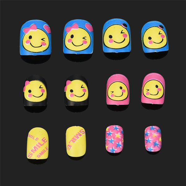 

decoration nail art kids press-on false nails cartoon pattern full nail pre-glue for children nails tips french manicure 0926, Red;gold