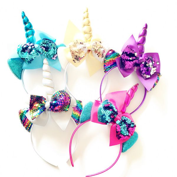 

glitter metallic paillette bows unicorn hairband headband hair hoop for girls kids children party birthday accessories headdress, Slivery;white
