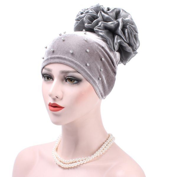 

2018 women muslim stretch turban hat flower hair loss berets dropship 171107, Blue;gray