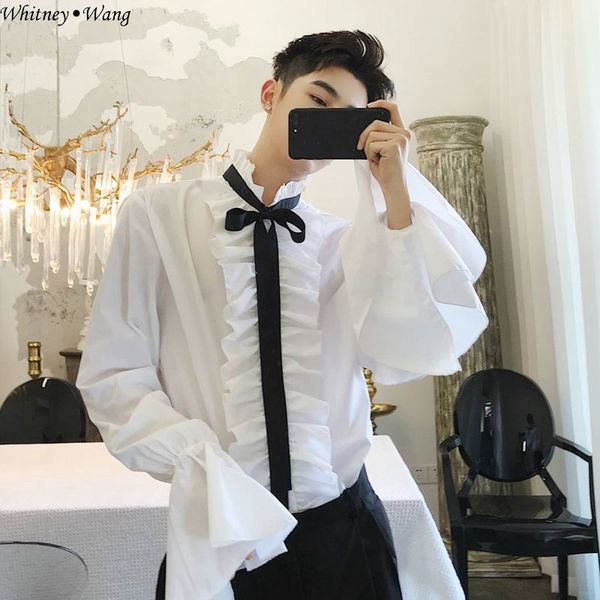 

whitney wang 2018 autumn winter fashion streetwear vintage style ruffles bow shirt men women blouse blusas women's shirt, White;black