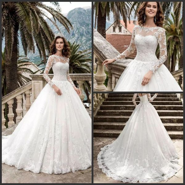 

2019 new modest long sleeve lace ball gown wedding dresses milla nova appliqued jewel neck plus size bridal gowns vestios de novia 2018, White
