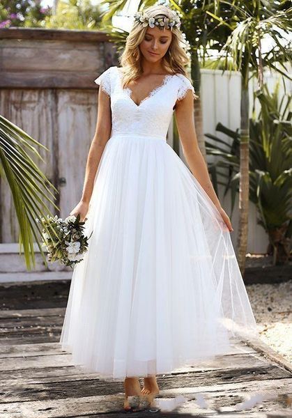 

Vintage 1950s' Tea Length Short Wedding Dresses Lace Tulle Modest Cap Sleeve V-neck Bohemian Beach Garden Bridal Gowns 2018 vestido de novia