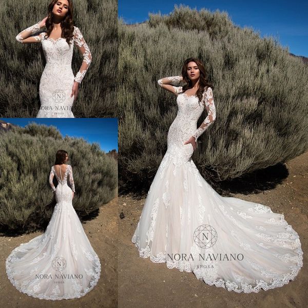 Meerjungfrau-Hochzeitskleider 2019, transparente lange Ärmel, Illusion-Rücken-Brautkleider, volle Spitze, Vintage-Hochzeitskleider nach Maß