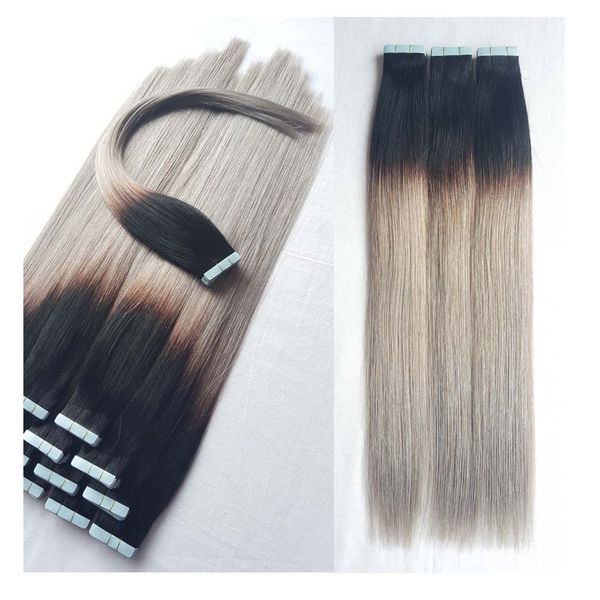 Acheter Tape In Extensions Cheveux Naturels De Remy Pour Femmes Avec Balayage Color1b Se Fanant En Gris Surlignés Extensions De Cheveux 50g Pk De