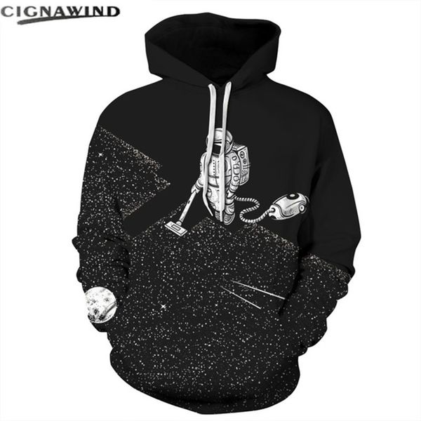 

hip hop autumn winter hoodie thin pocket hoodies 3d space vacuum cleaner astronaut print hooded sweatshirt mens, Black