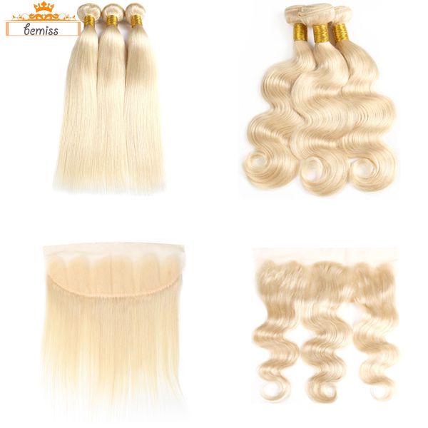 

613 straight body wave human hair weaves unprocessed brazilian human hair 613 blonde 3 bundles with frontal closure dhgate selling item, Black;brown