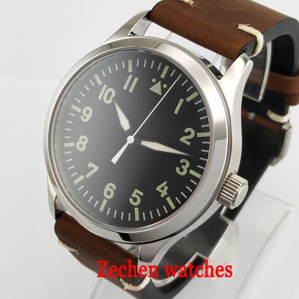 

42mm corgeut ss. case sapphire black dial 21 jewels miyota automatic watch hite dial blue mark mens watch, Slivery;brown