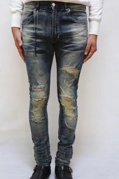 

men vintage retro distressed skinny stack jean slim fit denim pants, Blue