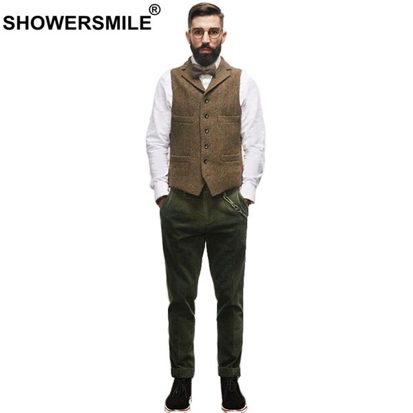 

showersmile tweed waistcoat mens herringbone vest brown vintage sleeveless jacket male pockets retro slim casual autumn gilet, Black;white