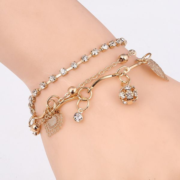 

hesiod trendy multi-layer heart crystal bracelet bangle wedding love ball pendant bracelet jewelry mom gifts, Golden;silver