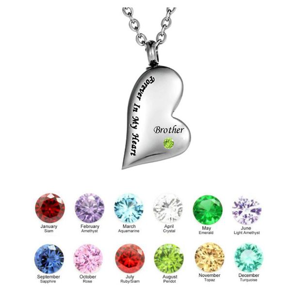 

fashion jewelry for brother forever in my heart twelve months birthstone cremation jewelry keepsake memorial urn necklace, Silver