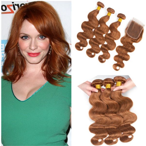 

средние каштановые девственные пучки волос имеет дело с закрытием тела волны #30 светло-коричневый малайзийский человеческих волос ткет с за, Black