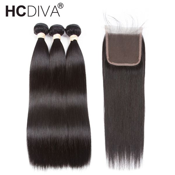 

Pre-Colored Peruvian Straight Hair With Closure Remy Human Hair Weaves 3 Bundles With Closure Natural Black Color HCDIVA Hair