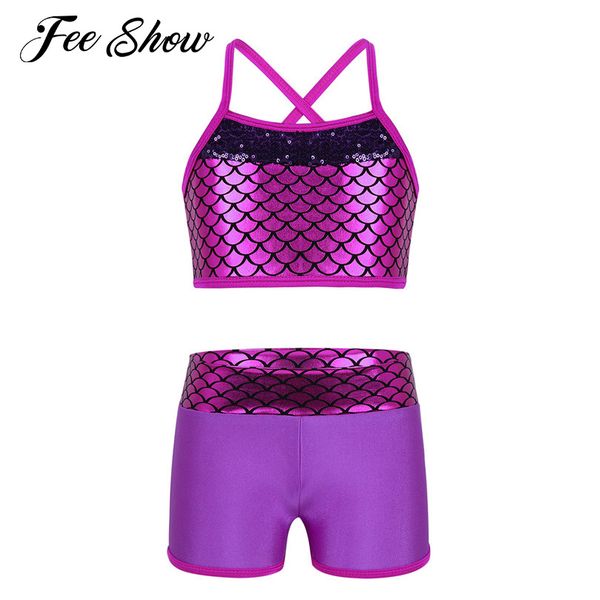 

2018 kids girls ballet dance tankini outfit sleeveless sequins fitness mermaid scales tank with bottoms set for ballet dance, Black;red