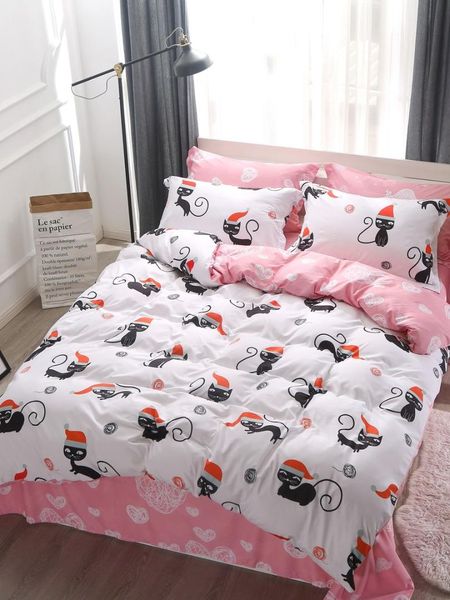 

3pcs/4pcs bedding set cartoon cat pattern printing modern style soft comfy bedlinens