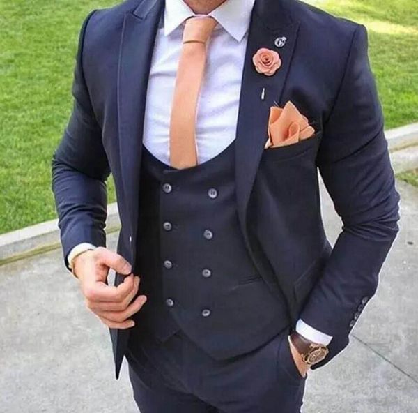 

groom tuxedos navy blue peak lapel formal groomsmen the man suit wedding mens business suits (jacket+pants+vest), Black;gray