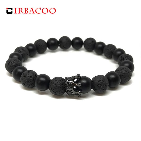 

irbacoo 2018 brand fashion men beaded bracelet 8mm black lava stone king&queens cz crown charm for lovers jewelry gift, Golden;silver