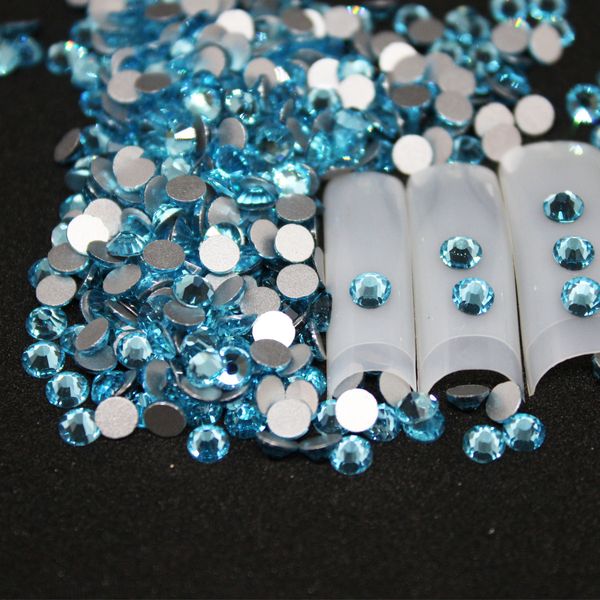 Aquamarin-Strasssteine, flache, runde Nail-Art-Dekorationen und Steine, nicht Lotfix-Strasssteine, Kristalle für DIY-Glas, L