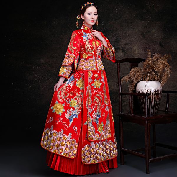 

vintage red embroidery cheongsam modern traditional chinese style wedding dress oriental women's long qipao vestidos size s-xxxl