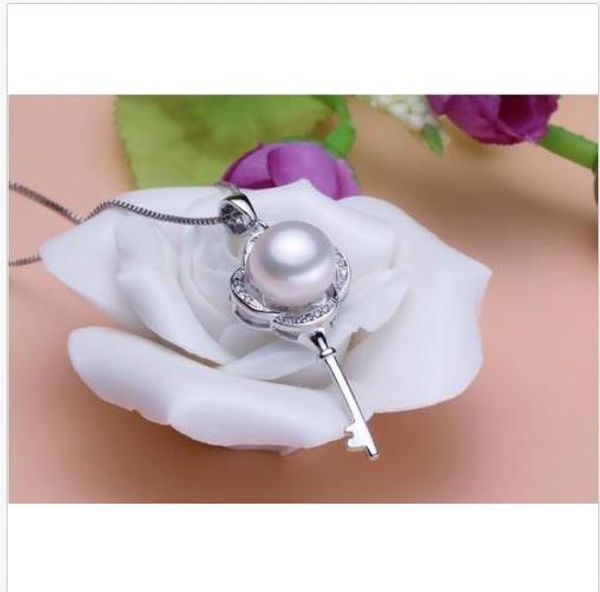 

new charming 11-12mm south sea genuine white pearl key pendant silver chain