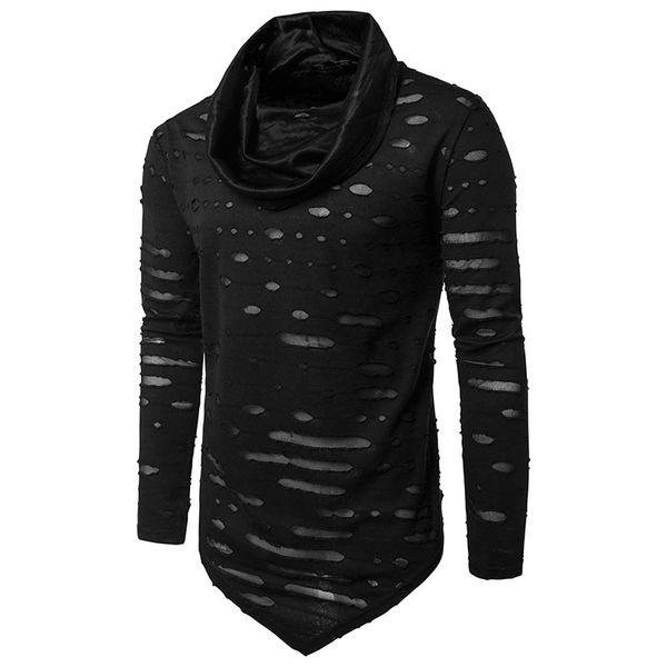 

new t -shirt men turtleneck long sleeve hole pullover white tee hip hop punk rock tee shirts streetwear black friday, White;black