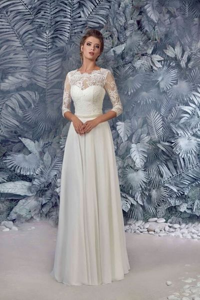 

boho chiffon beach wedding dresses 2019 selling custom a-line floor length beads sash 3/4 long sleeve vintage lace bridal gowns w802, White