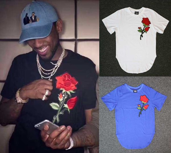 

high street male popular logo roses short sleeve t-shirt circular skirt short sleeve t-shirt tyga rose t-shirts, White;black